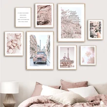 

Pink Paris Flowers Car Champagne Osaka Sakura Wall Art Canvas Painting Nordic Posters And Prints Wall Pictures Living Room Decor