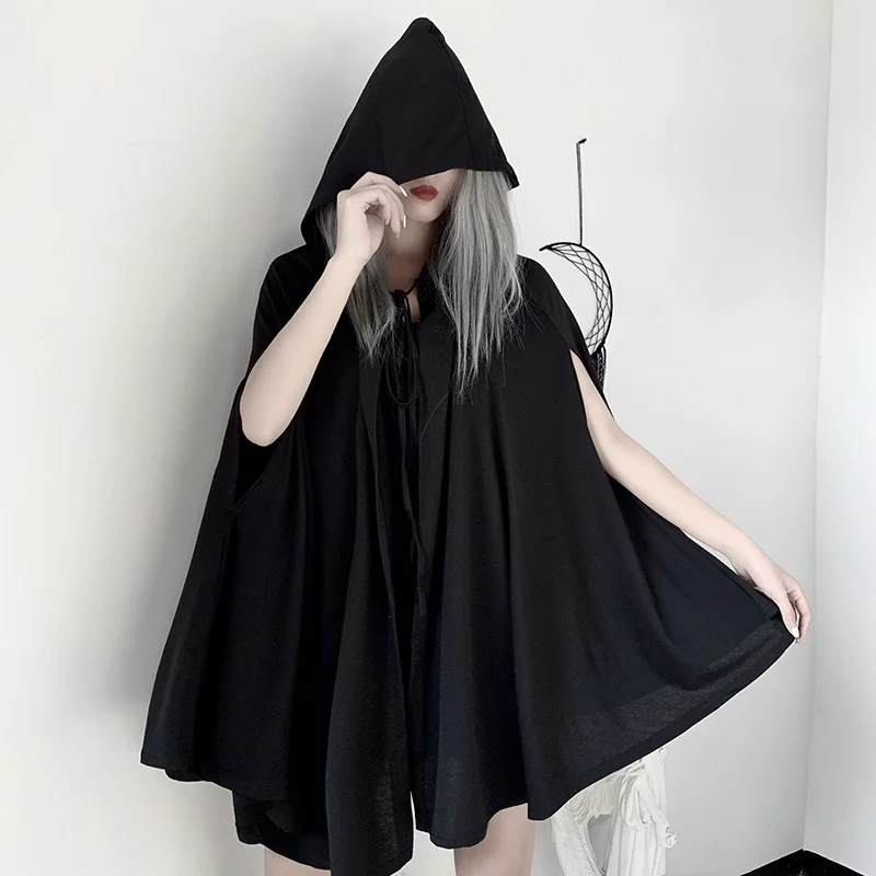 Dark Gothic Capes Hoodies Women Sleeveless Cosplay Anime Ponchos 2023 Vintage Harajuku Mid Length Black Plus Size Witch Cloaks
