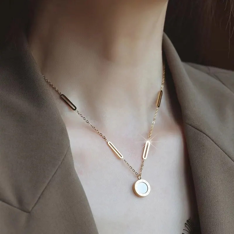 S2ff03b01a28e46de84f7b0068329f741N Fashion Roman Digital Wafer Pendant Necklace Stainless Steel Party Jewelry for Women Sexy Choker Mallzona