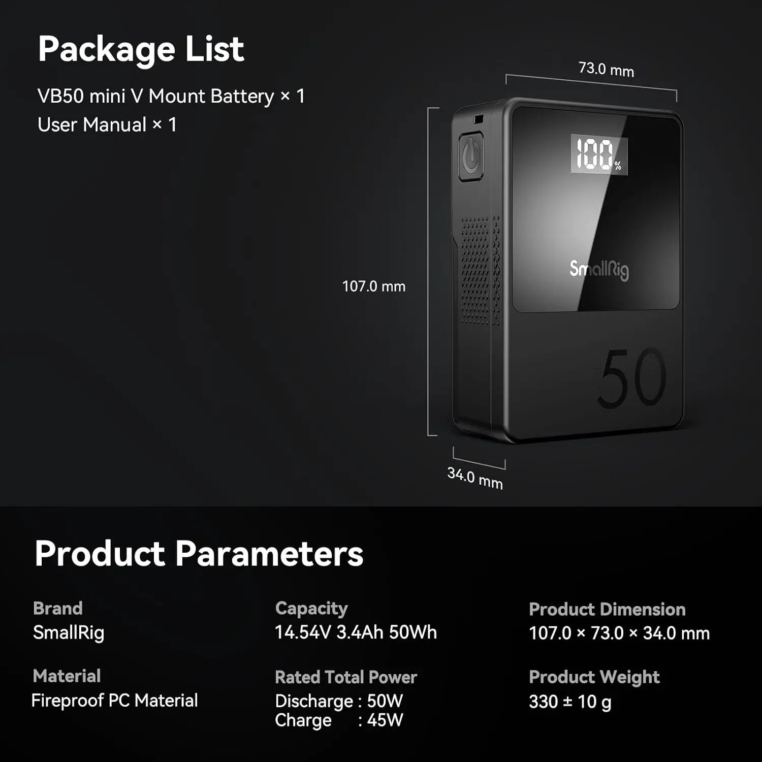 SMALLRIG Vマウントバッテリー VB50 50Wh 3400mAh Vロックバッテリー