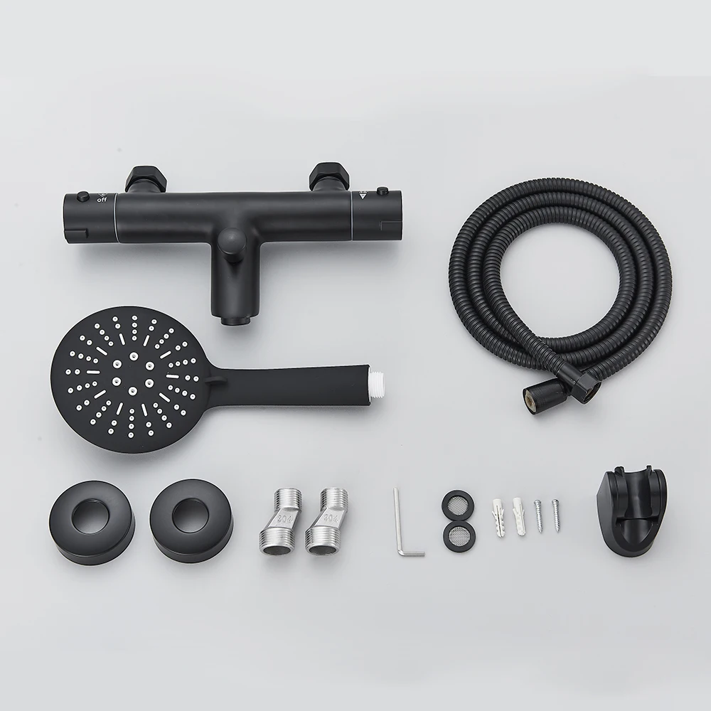 Black Thermostatic Bathroom Shower Faucet Dual Handle Bathtub Faucet Wall Mounted Mixer Tub Tap 5