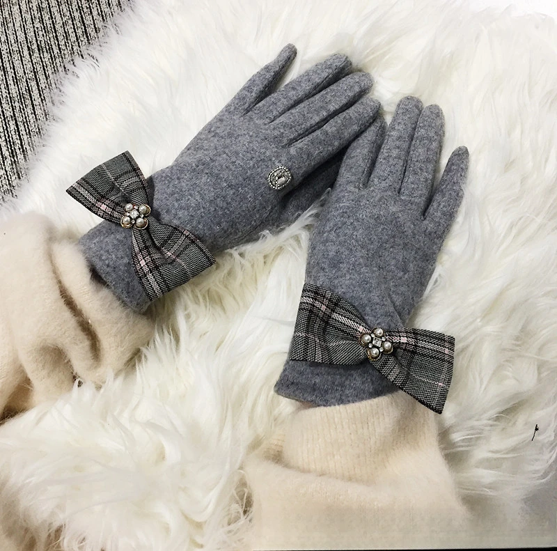2020 Jesień/Zima Nowe Podzielone Palce Cookie Brytyjski Wzór Kokarda Styl Wełna Kaszmir Rękawiczki dla Kobiet_voghion.com