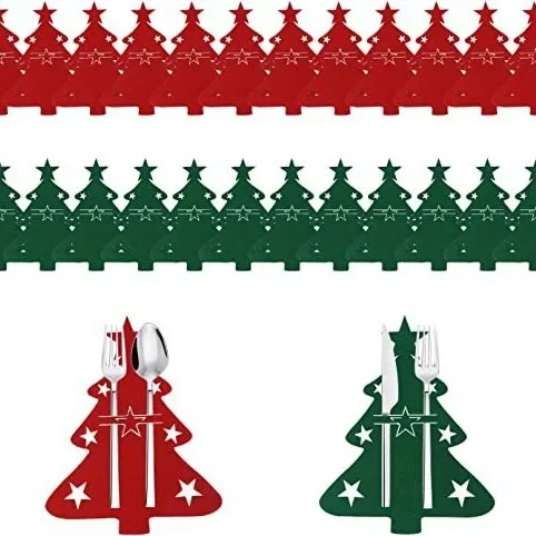 Charming Christmas Tree Cutlery Holder 12pcs With Festive Felt Utensil Pouch For Holiday Dinner Parties