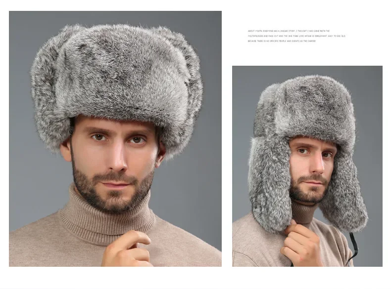 Wintermütze für Herren aus Kunstsilberfuchs-Fell mit Kapuze, Waschbär-Fell-Ushanka-Kappe, Trapper-Mütze, Russische Ski-Schneemütze – Detail 12