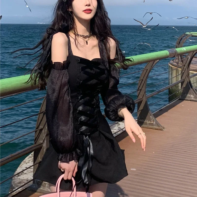 

Sweet Elegant Dress Women Summer 2021 Bandage Sexy Casual Beach Party Mini Dresses Slim Puff Sleeve Slim Korean Fashion Sundress