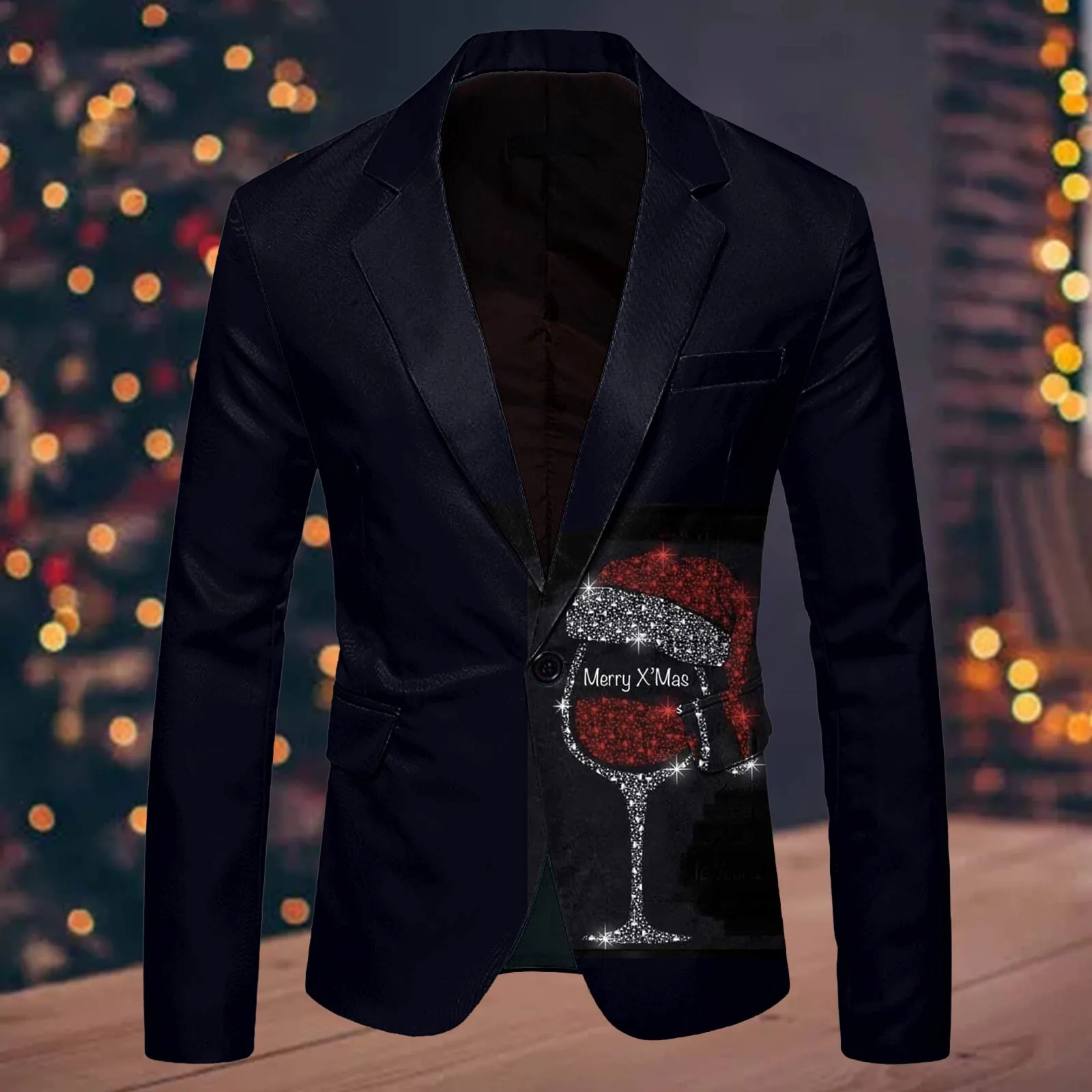 Men'S Single One Button Christmas Printed Casual Suit Jacket Fashionable Mens Fashion Leisure Christmas Printed Pocket Suit
