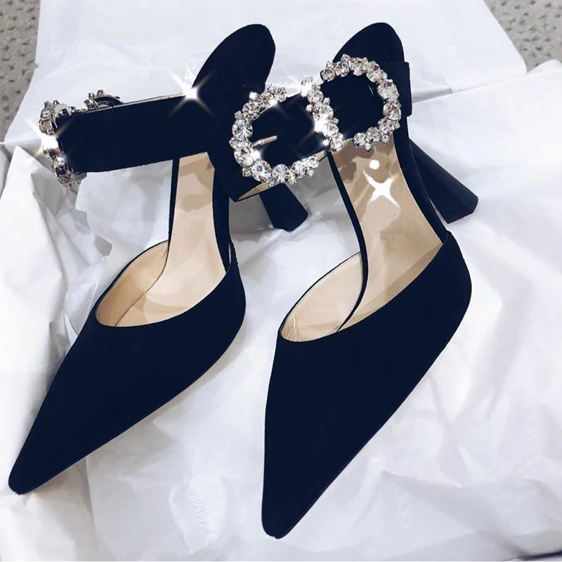 

Spring and summer rhinestone pointed toe stiletto suede sandals with banquet dress large size small size fashion women's slipper