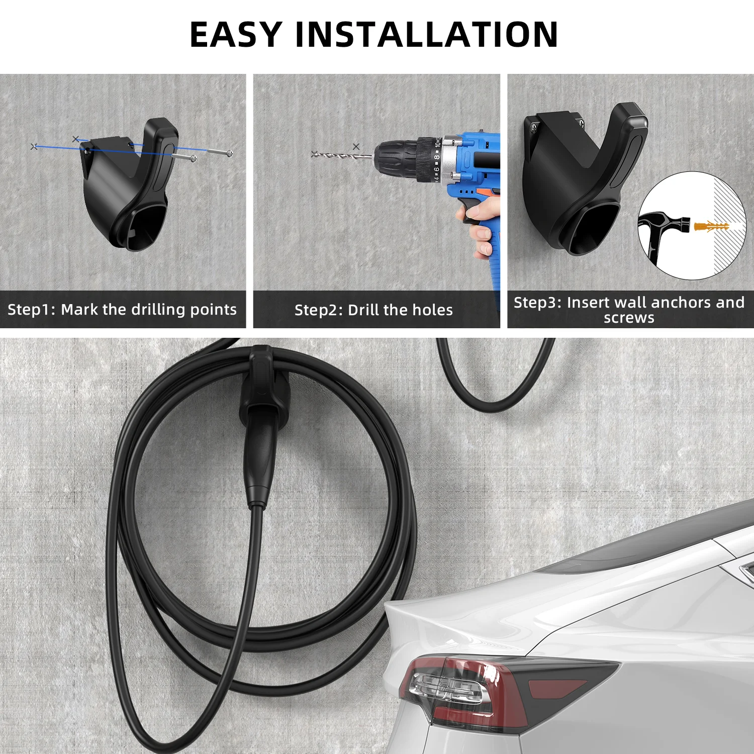 Portable EV Charger Wall Mount Bracket and Cable Holder Stand