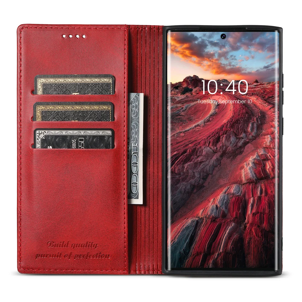 Luxury Calfskin Card Pocket Magic Flip Cover Wallet Case for Samsung S21/S22/S23 Ultra Shockproof Full Protective Leather Case