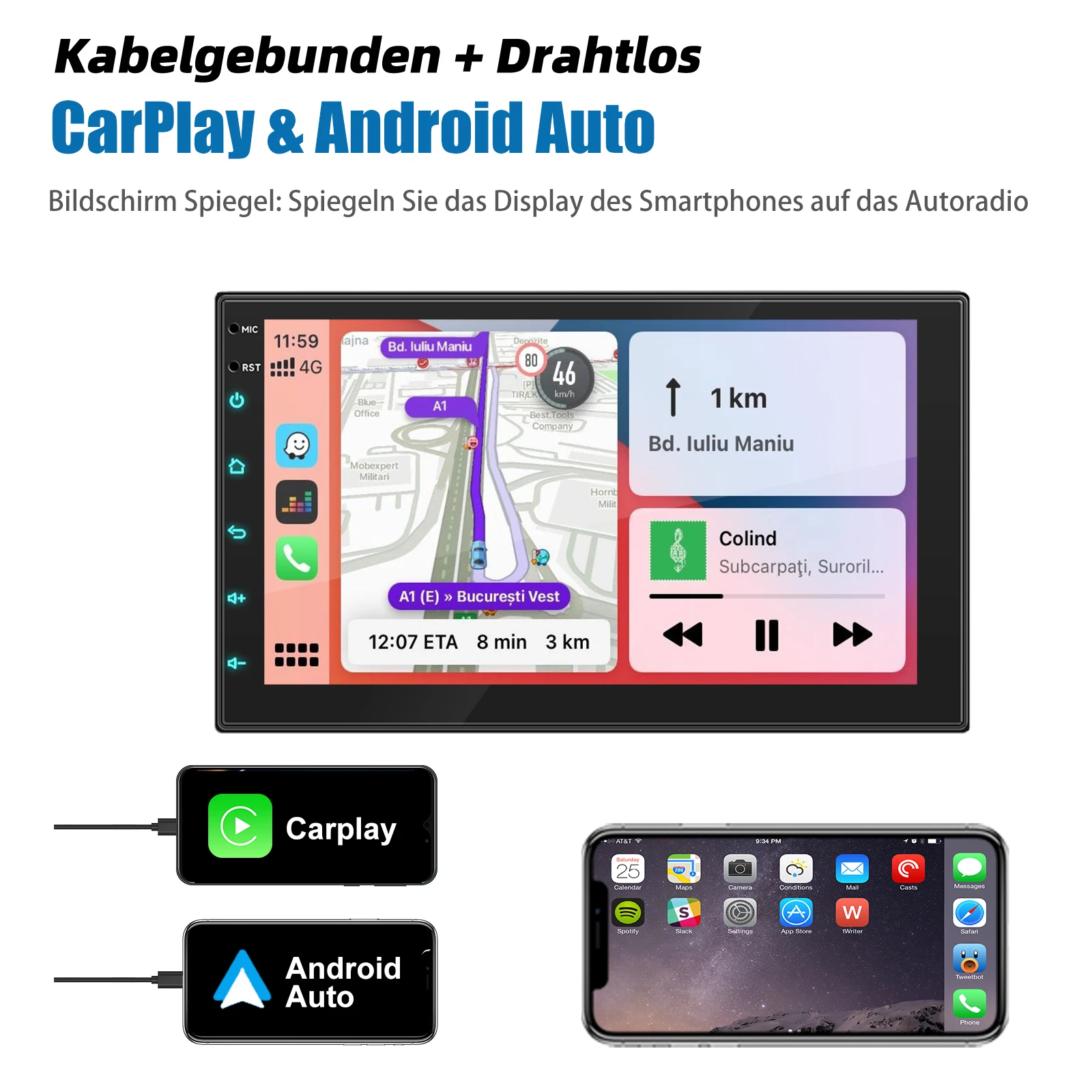 ESSGOO 7-Zoll-Autoradio MP5-Player mit Wince-System, Bluetooth, kabelgebundenem Carplay, Android Auto, AM/FM, SWC, EQ, Mirrorlink und 7-farbiger Beleuchtung – Detail 6