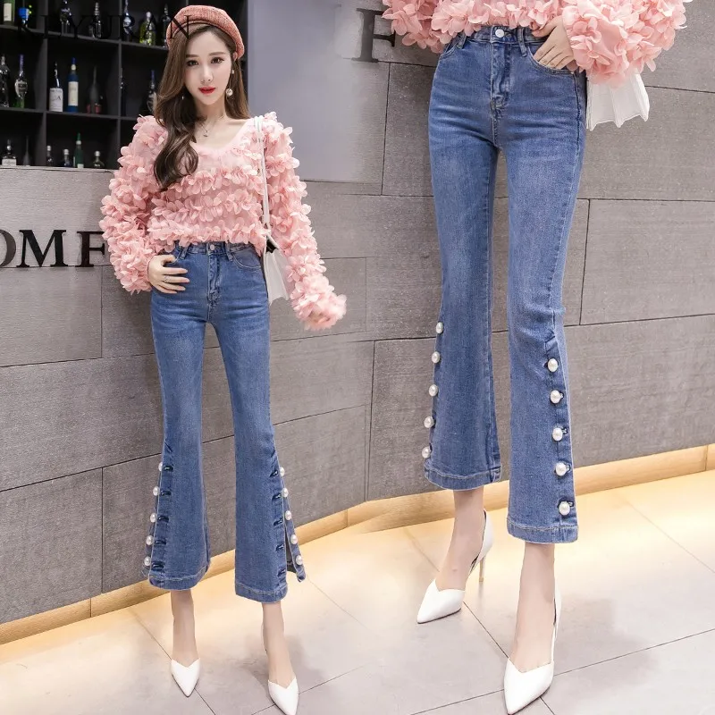 

2023 Spring Summer New Fashion High Waisted Pearls Beaded Women's Denim Pants Slim Stretch Split Jeans Trumpet Trouser XXL L2970