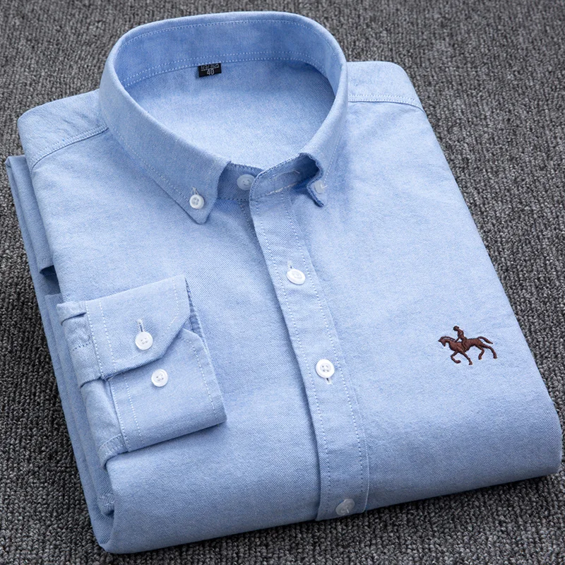 New Plus Size 6XL 100% Cotton Oxford Solid Color Striped Plaid Shirt Men's Long Sleeve Business Embroidered Formal Soft Shirt