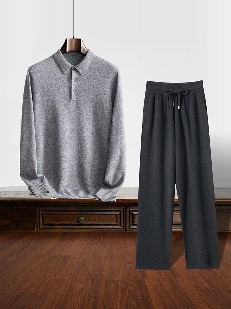 CHICUU Men 100% Cashmere Sweater Pants Suit Autumn Winter Polo Pullover Straight Pants Smart Casual Style Clothing Comfy Soft 2