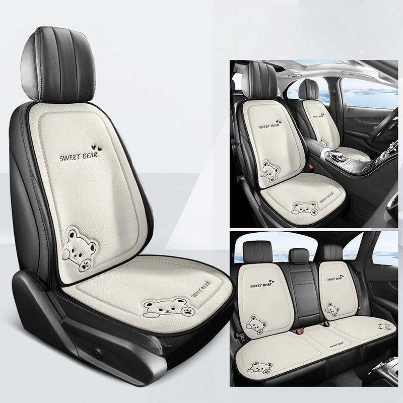 Luxury Linen Cartoon Bear Car Seat Cushion - Women's Cute Anti-Slip & Breathable Protective Cover
