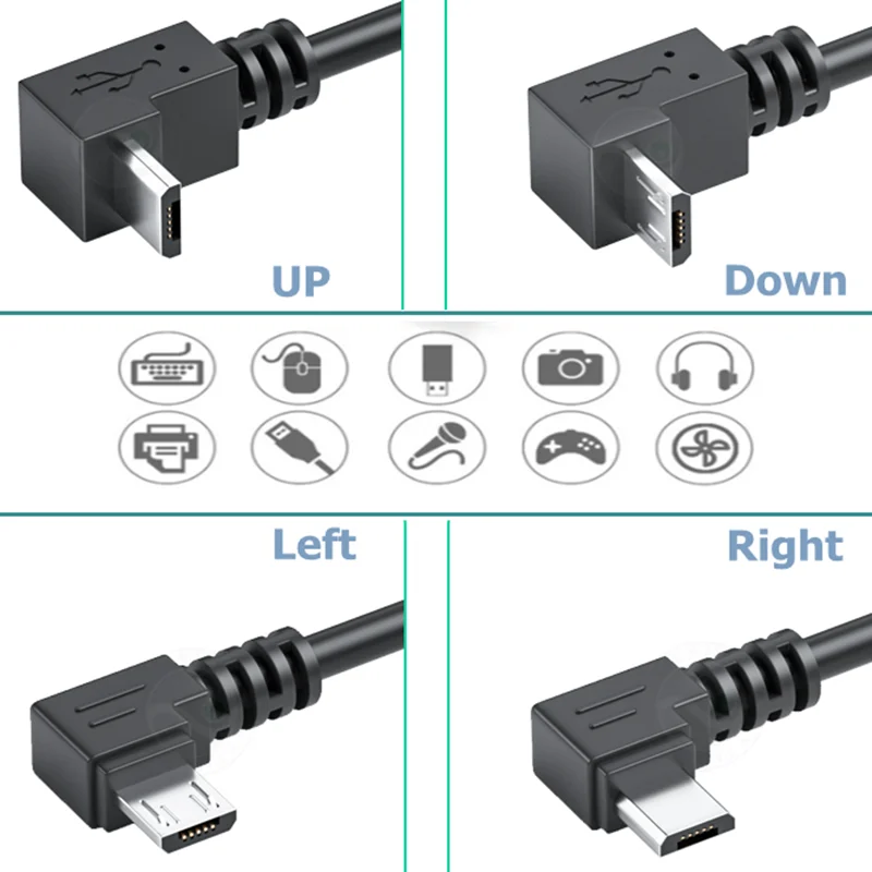 Up & Down & Left Right Angled 90 Degree Micro USB Male to USB male Data Charge connector Cable 0.5m 1m For Mobile Phone Tablet