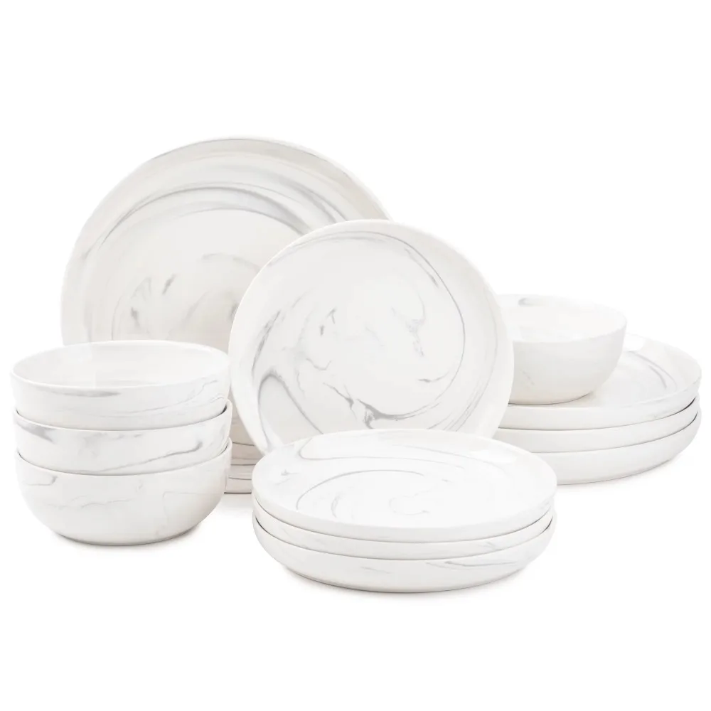 

Dinnerware Grey Marble Stoneware 12 Piece Set Sturdy Stoneware Structure Microwave Freezer and Dishwasher Safe Durable