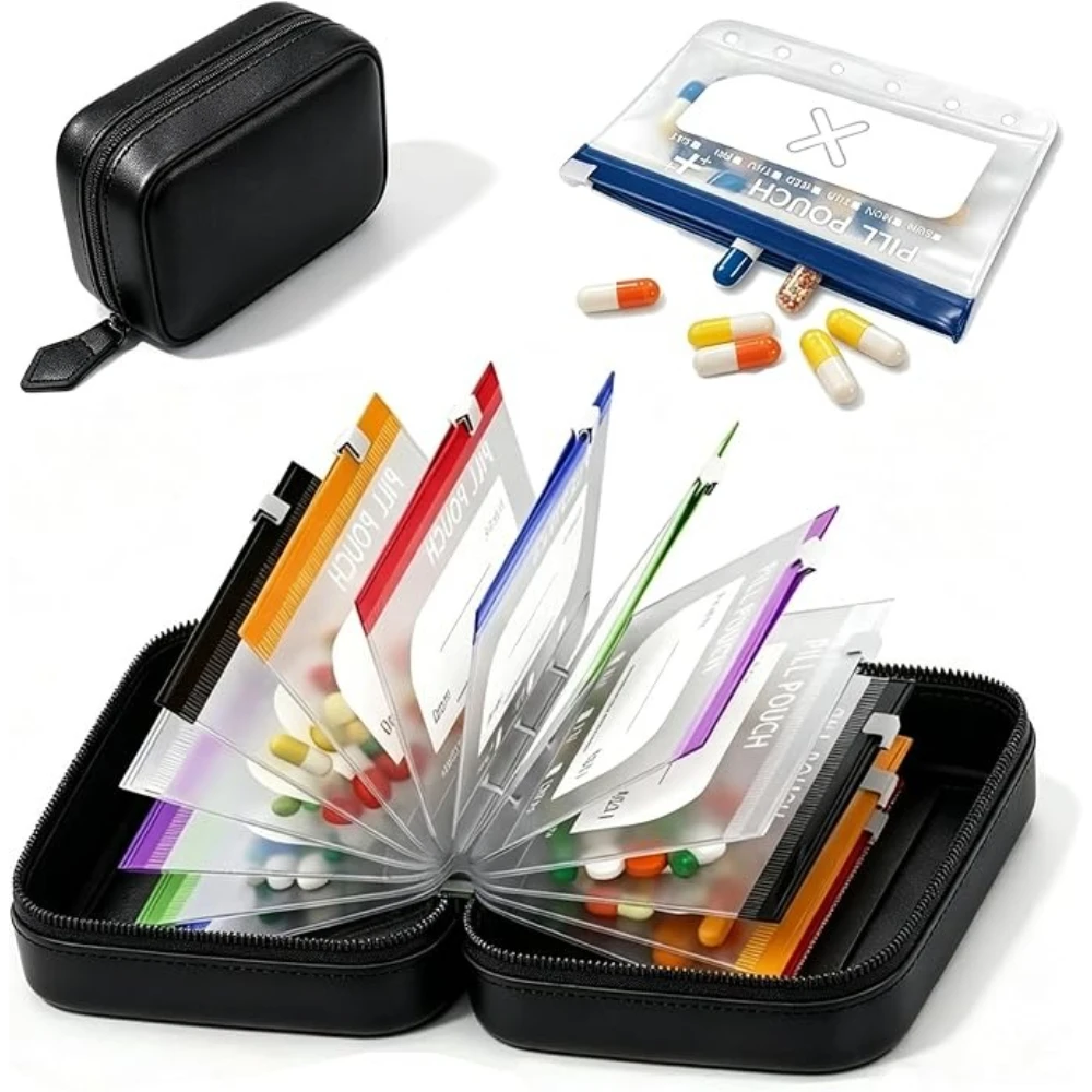 Compact Travel Pill Organizer Binder with Waterproof, Crush-Resistant Design and Writable Labels