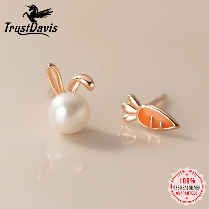 

TrustDavis Girls 100% 925 Sterling Silver Cute Rabbit Carrot Stud Earrings for Daughter Fine Birthday Jewelry Gift DS3962