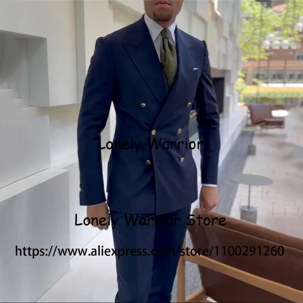 

Handsome Navy Blue Suits Mens Double Breasted Business Blazer Wedding Groom Tuxedo Slim Fit 2 Piece Jacket Pants Terno Masculino