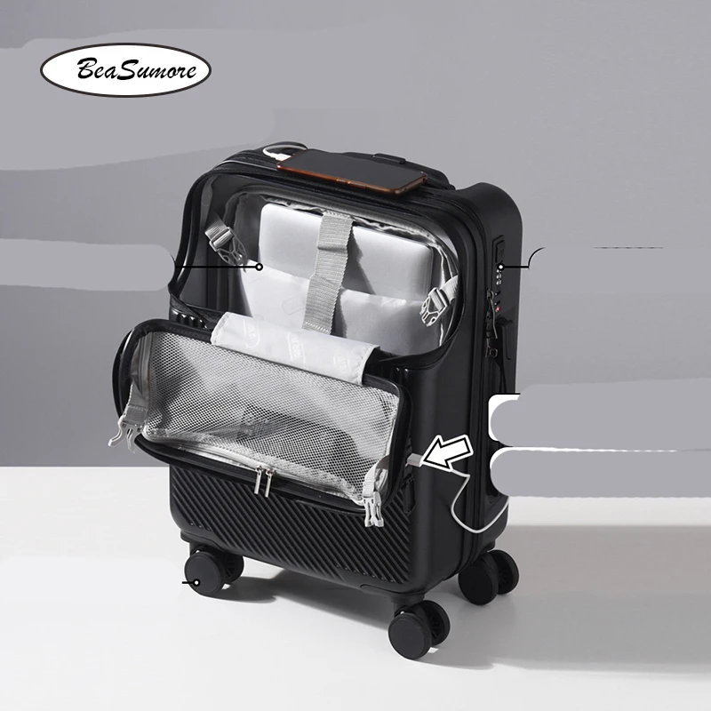 BeaSumore Front opening USB Rolling Luggage Spinner 20 inch Suitcase Wheel Cabin Trolley Women's Handbag Travel Bag Travel Bag Pull Bar Suitcase