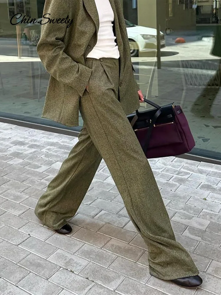 Elegant Coat Pant Sets Woman Fashion Lapel Long Sleeve Single Breasted Blazer Wide Leg Pants 2 Piece Set For Women Loose Outfits