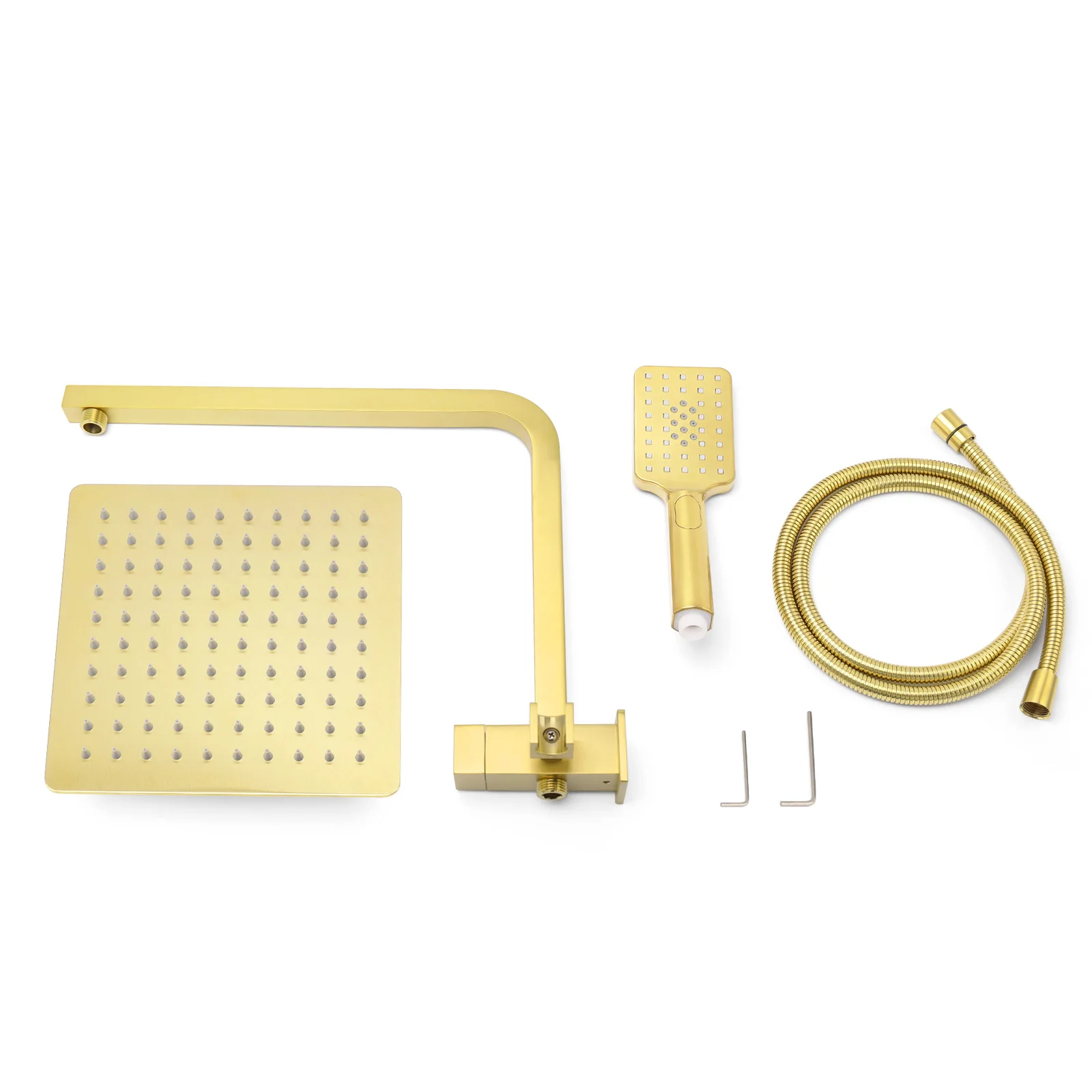**Sydney Stock** KYLINS Twin Square 2 In 1 Rain Shower Head Set Gooseneck Wall Arm Rail Diverter Brushed Gold DIY WELS WATERMARK