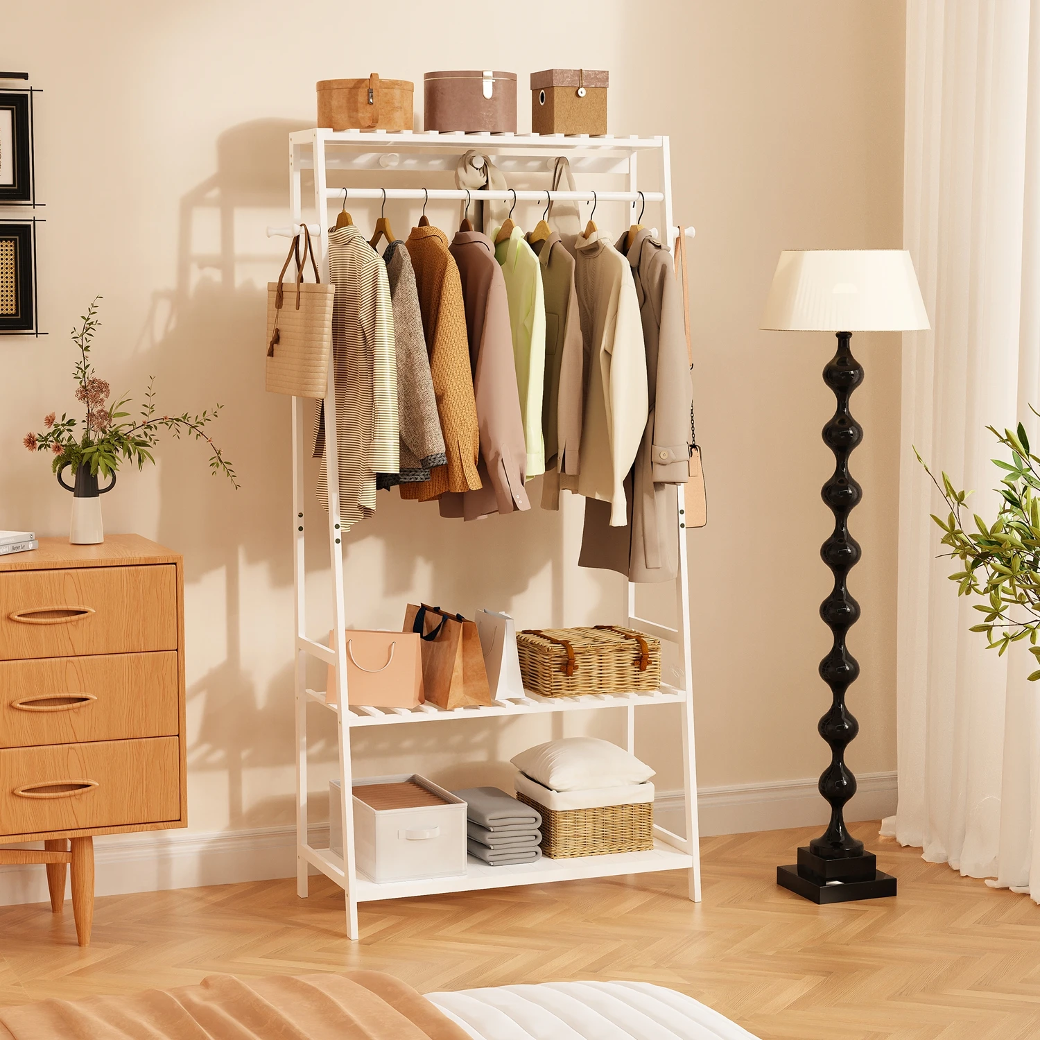 Heavy Duty Free Standing Bamboo Garment Rack with Storage Shelves And Hooks Clothes Hanging Stand Organizer for Home