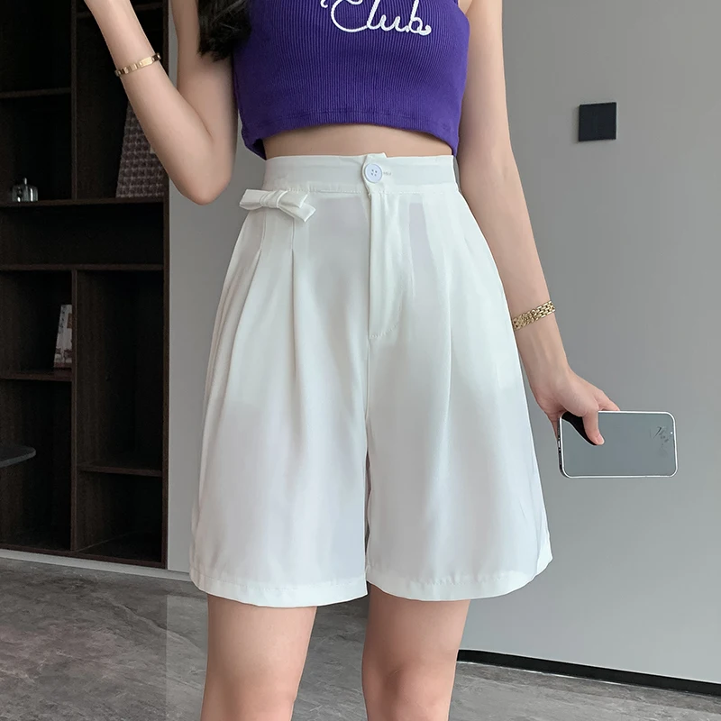 Fashion High Waist Streetwear Summer Shorts Women Loose Straight Wide Leg Boyfriend Bermuda Shorts Y2K Bow Ice Silk Short Femme
