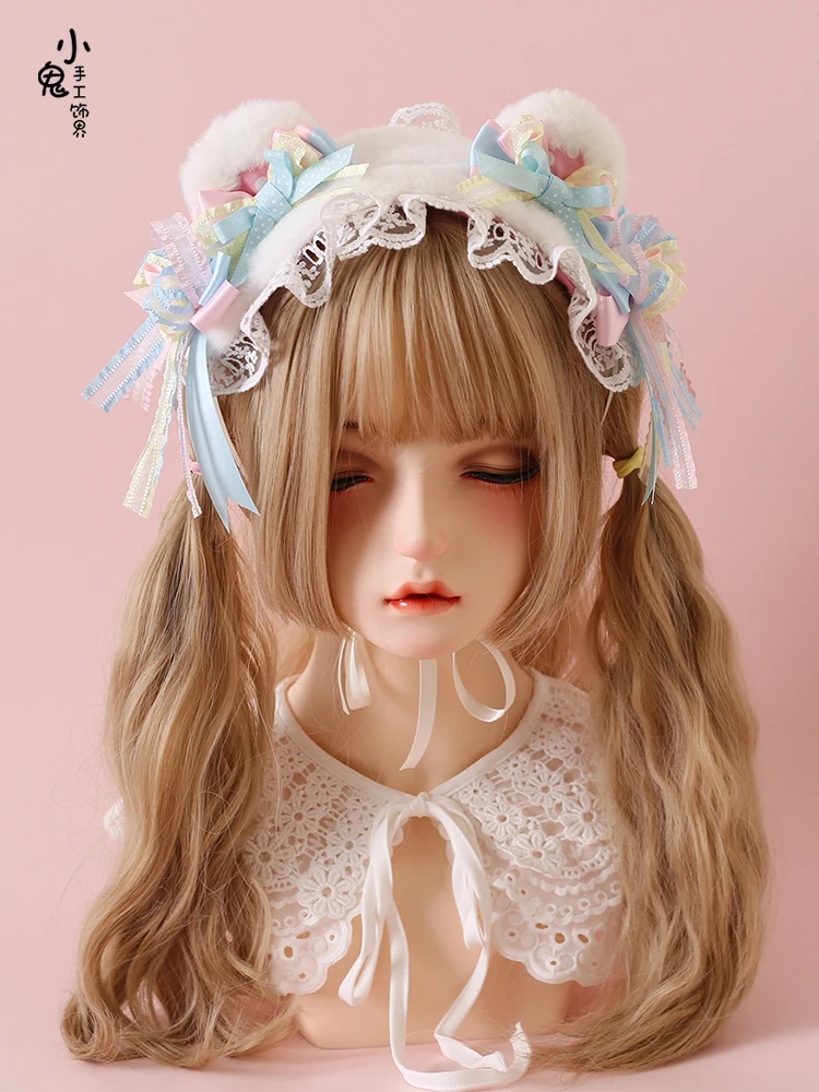 

Original Lolita Sweet Celebration Handmade Gadget Sweet Bear Ear Headband Headwear Pink Blue Bow Edge Clip Barrettes