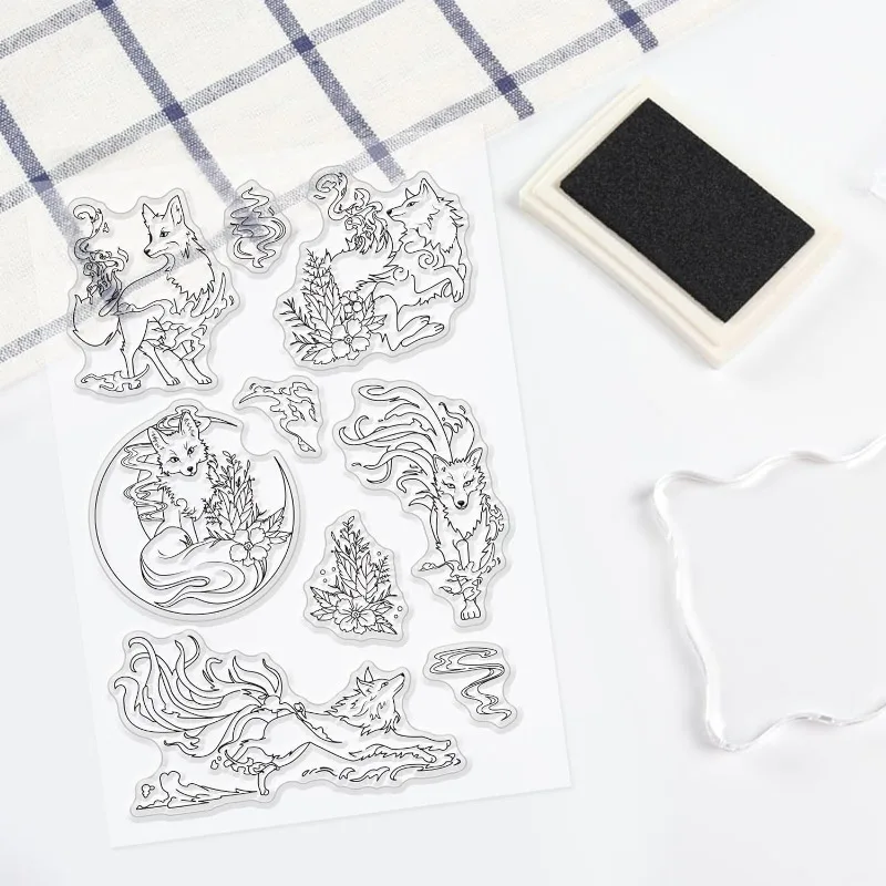 Clear Stamps 1pc Fire Fox Clear Stamps Mysterious Eastern Theme Transparent Stamps Animal Background Silicone Clear Stamp Seals
