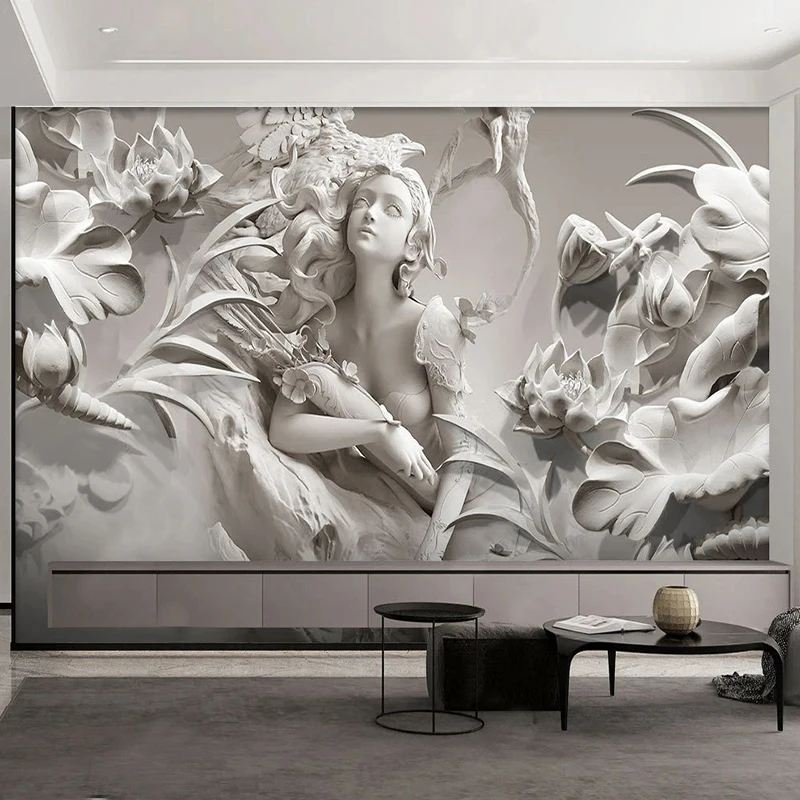 Personalizado Mural Papel de Parede 3d Alívio Lótus Menina Moda Fresco Sala de Estar Quarto Fundo Parede Home Decor Mural Papel de Parede
