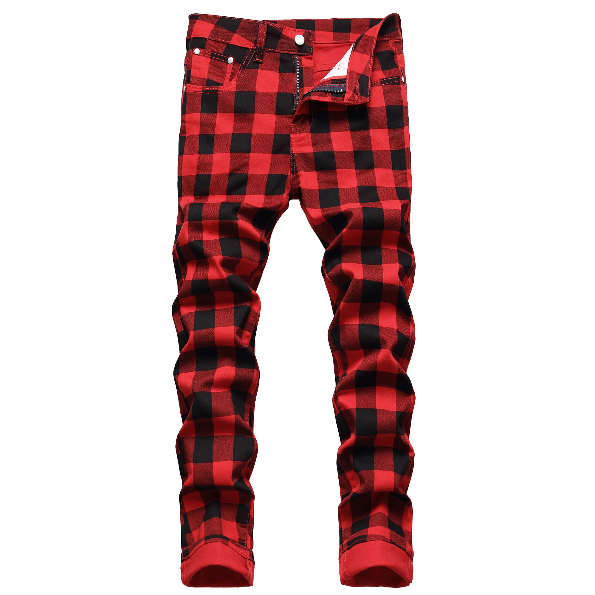 

Y2K Autumn New Men's Slim Fit Plaid Printed Hip Hop Streetwear Harajuku Red Jeans Fashion Stretch Cargo Denim Pants Ropa Hombres