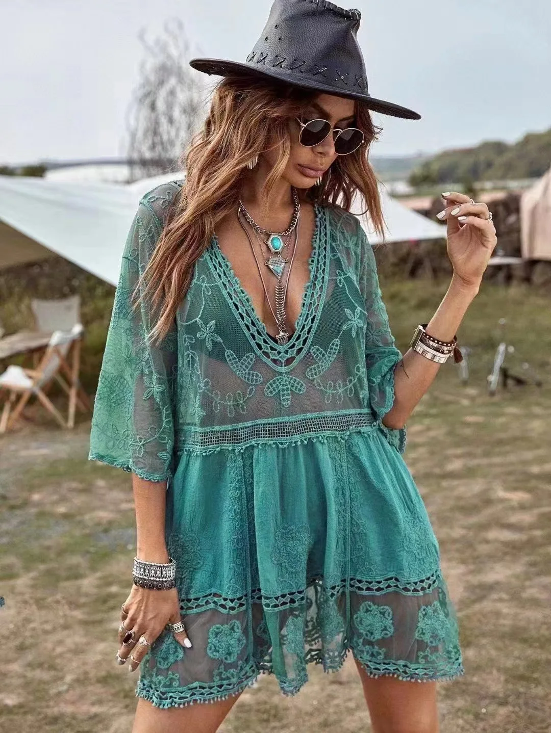 Swimsuit Cover Up 5 Colors Bikini Cover Ups Lace Beach Dress Solid Biquinis Kimono For Women Free Size Sun Protection Short Sarong V-Neck
