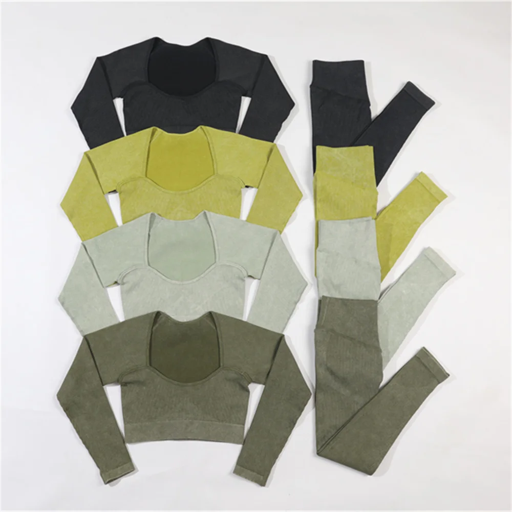 Ribbed Washed Seamless Yoga Set Women Workout 2pcs Two Piece Crop Top Shirt Shorts Gym Suit Outfits Fitness Sport Set Clothing