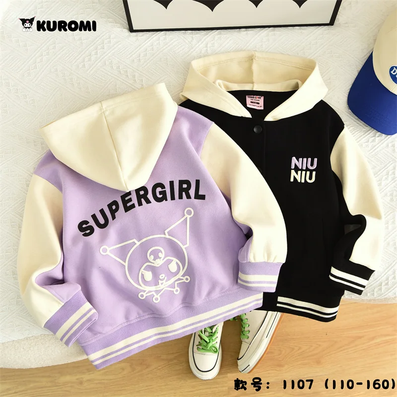 

2023 Spring and Autumn Kids Baseball Uniform Jacket Kawaii Sanrio Anime Kuromi Little Boy Jacket Hooded Outerwear Cartoon Kids