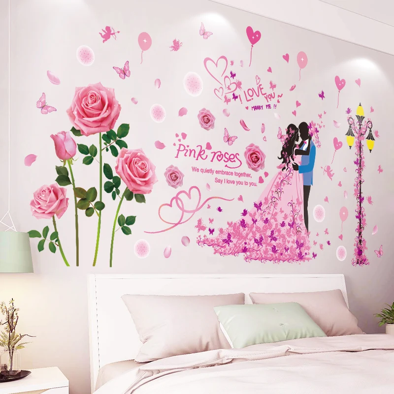 

[SHIJUEHEZI] Pink Color Roses Flowers Wall Stickers DIY Street Light Couples Wall Decals for Wedding Room House Decoration