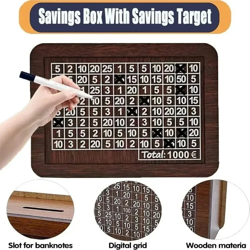 Piggy bank 1000/2000/3000/5000 Euro Wooden Money Box with Saving Goal