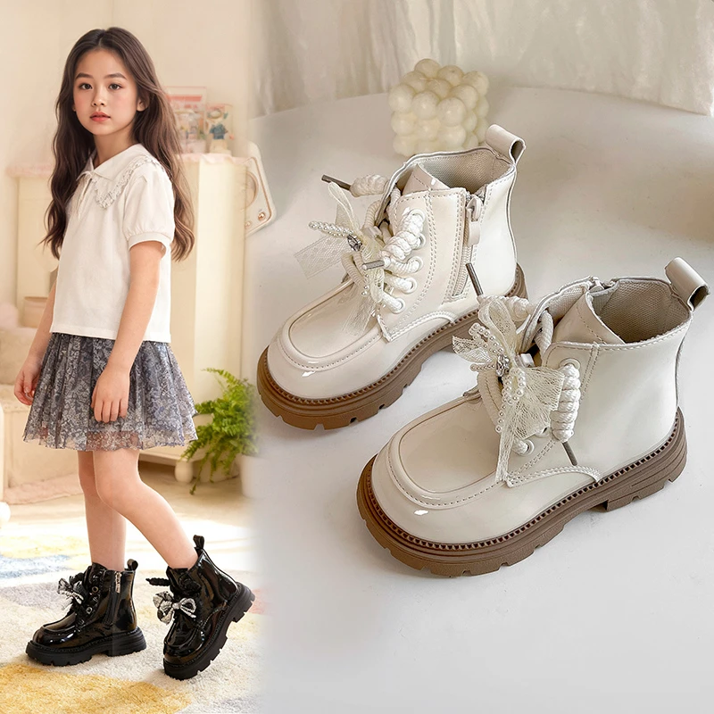 Leather Ankle Boots for Girls with Lace Bow