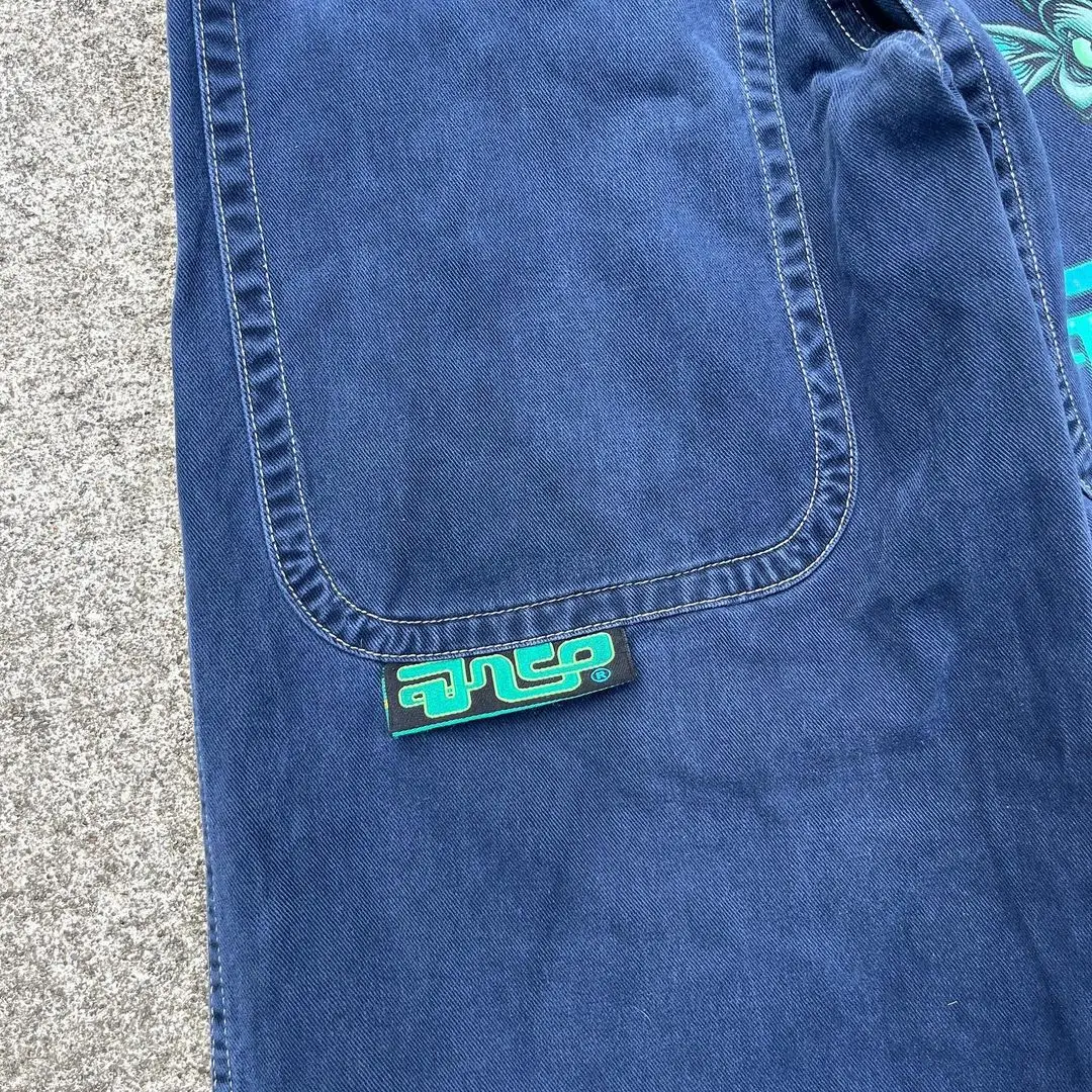 Casual jeans American large pocket skull print washed wide leg jeans Y2K hip hop street loose denim men's and women's trousers