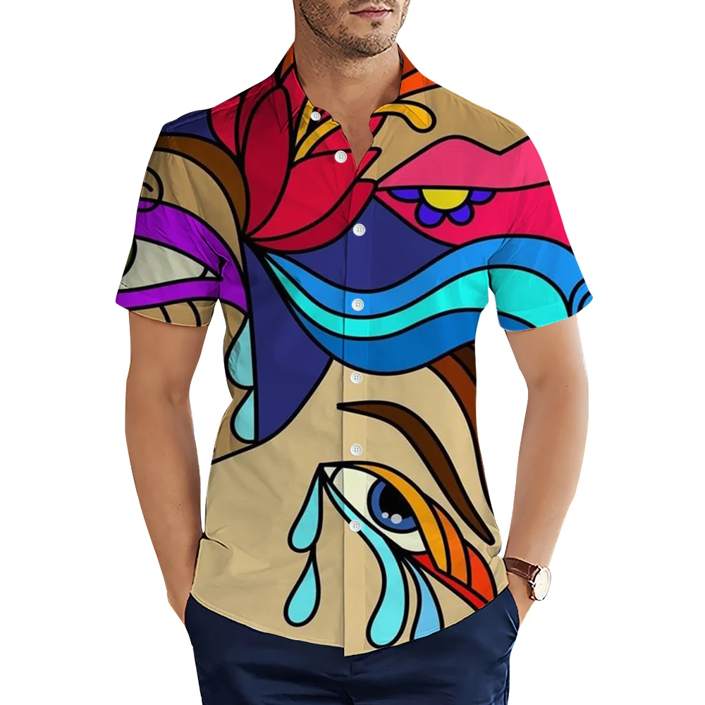 

HX Fashion Men's Shirts Illustration Art Splicing 3D Printed Casual Shirt Summer Short Sleeve Shirt Camisas Dropshipping