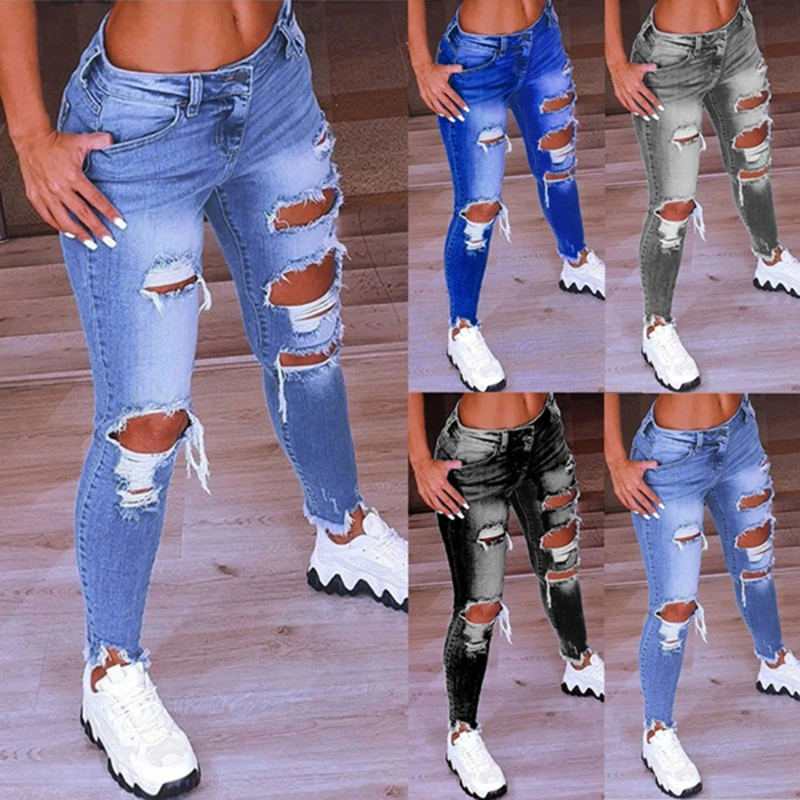 

Denim Jeans Women Ripped Hole Stretch Jean Ladies Slim Zipper Streetwear Jeans Full Length Pencil Pants