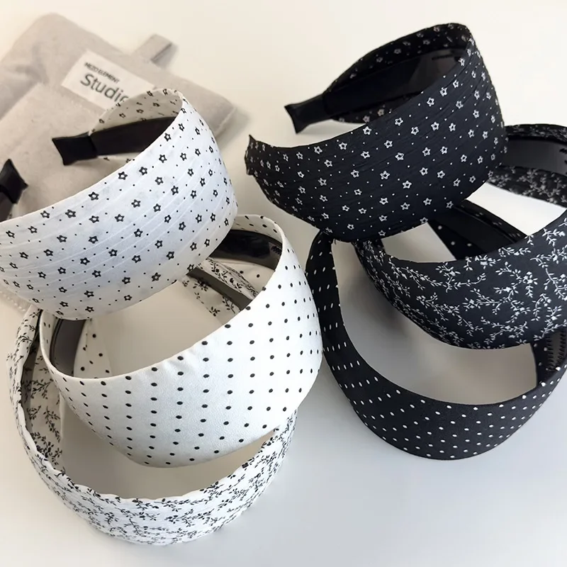 الرجعية أسود أبيض منقطة زهرة صغيرة واسعة حافة Headbands امرأة مزاجه رباط شعر أنثى حفلة الشعر هوب رواج غطاء الرأس