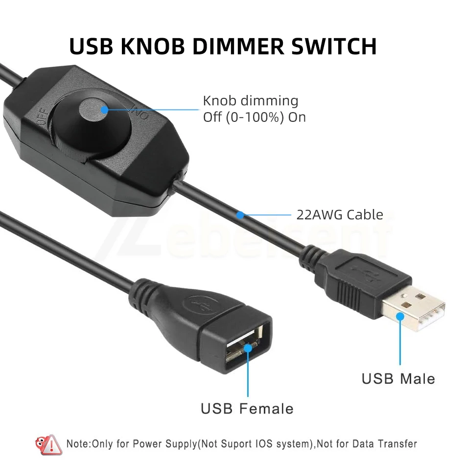 USB Male to Female Cable with LED Dimmer Switch for LED Desk Lamp Strip Light