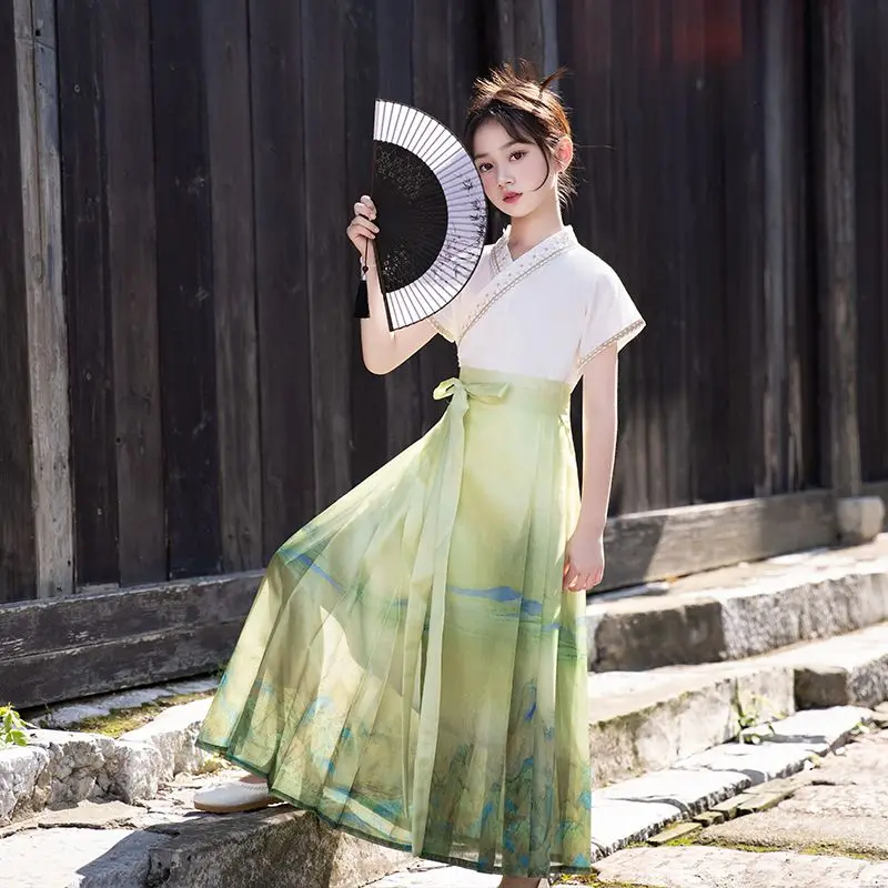 

Qianli Jiangshan Horse Face Skirt Chinese Ming Dynasty Girls Hanfu Dress New Daily Set Children Hanfu Suit Student Uniforms