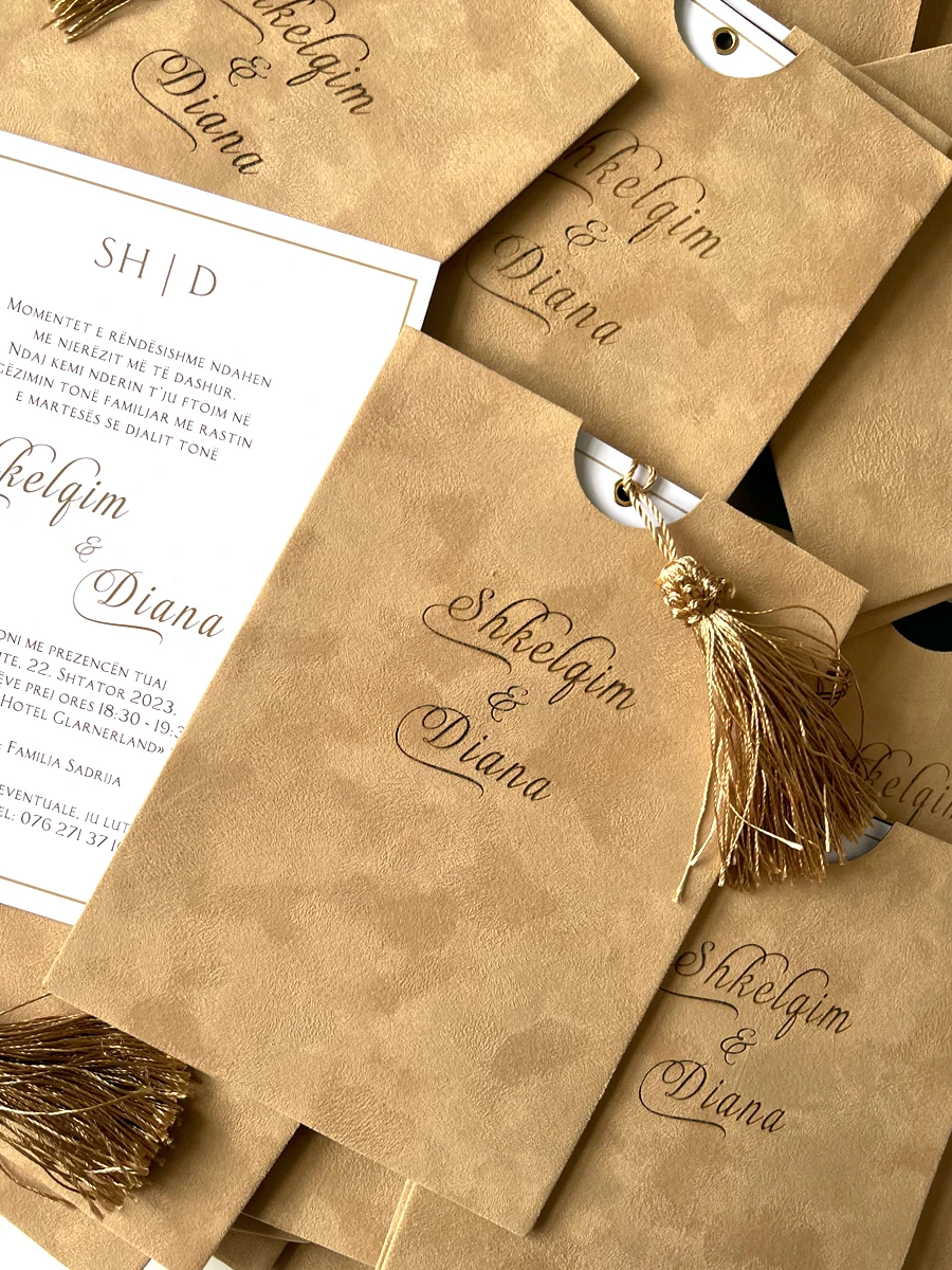 Flannel style pocket envelope tassels hand-made wedding invitations