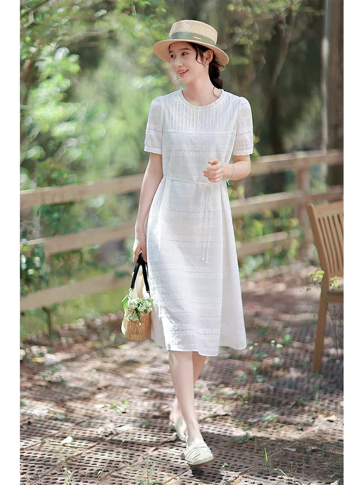 White Cotton Summer Dress Women Elegant Hollow Out Embroidery O-neck Short Sleeve Slim Waist Casual Dresses Vestidos Robe Femme 2