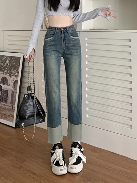 New Korean Fashion High Waisted Jeans Woman Casual Streetwear Lim-Fit Denim  Trousers Female Girls Vintage Bell-bottoms 2 - AliExpress