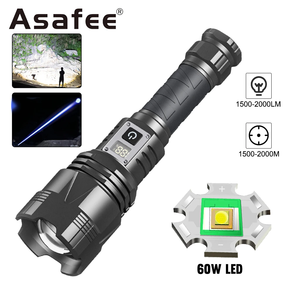

Asafee 8001 6000LM 1500M Range XHP360/60W LED Strong Light Telescopic Zoom Flashlight SOS Light Waterproof Rechargeable Torch