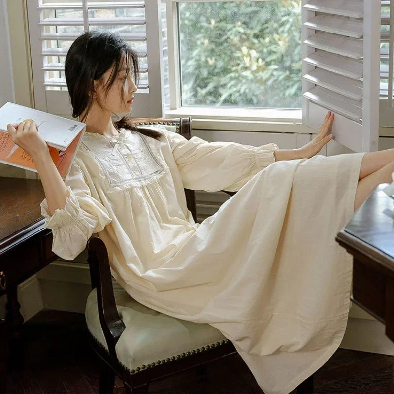 

Victorian Pure Cotton Night Dress Women Spring Autumn Long Sleeve Sleepwear Princess Nightwear Embroider Vintage Loose Nightgown