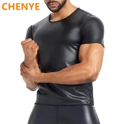 Waist Trainer Leather Shapewear Underwear New Men's Body Shaper Black T-Shirt Faux Leather Short Sleeve Tops Male Slimming Shirt